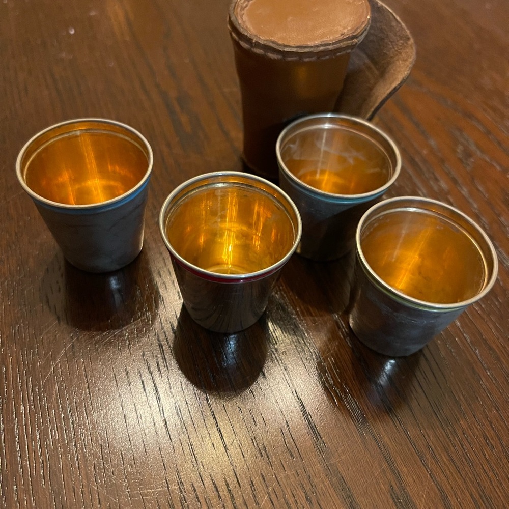 Travel Shot Glasses Stirrup Cups in Leather Case Color Coded Chrome
